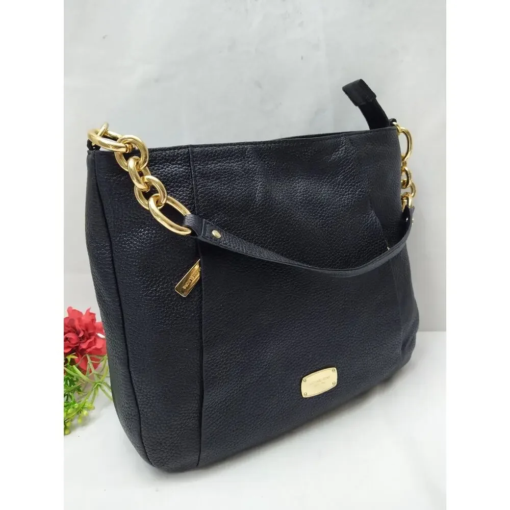 Michael Kors Black Pebbled Leather Zipper Pockets Chain Strap Hobo Shoulder Bag